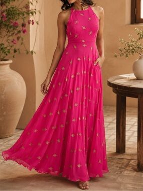 SANI Nila Anarkali Pink Gold Embroidered Maxi Dress XS